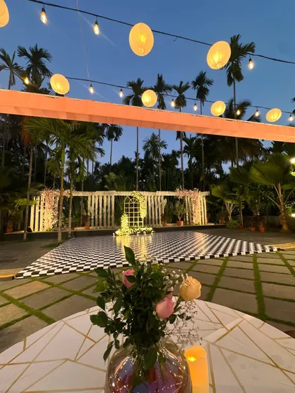 A stunning checkered dance floor under the palm trees, ready for a night of dancing. I can't wait to see it filled with happy guests.