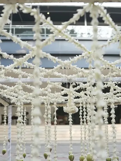 A detailed shot of the delicate jasmine flower netting on a traditional chadar.