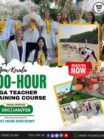 A special offer for our 200-hour YTTC in Goa and Kerala. This poster combines images of happy graduates, beach yoga, and community meals to showcase the full experience.