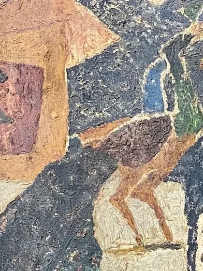 Another detail shot of the M.F. Husain, showcasing the texture and form of the figures and architecture within the composition. I believe in showing these details to help clients understand the artist's hand.