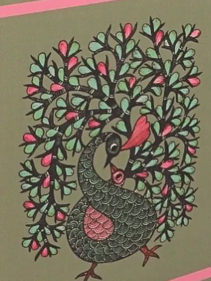 A detail shot of the Gond art-inspired decor, with a custom-printed peacock motif on a panel.