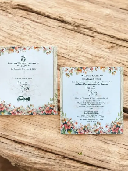 This premium textured paper invitation with a single insert offers a beautiful floral design starting at just ₹9.