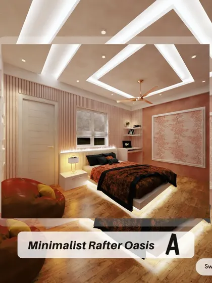 A minimalist oasis in pink, this design features rafter-style wall paneling and a floating bed with ambient lighting. The soft color palette and clean lines create an atmosphere of pure bliss, perfect for relaxation and rejuvenation.
