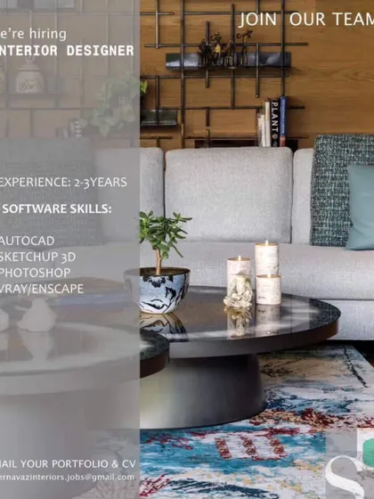 An opportunity for an Interior Designer with 2-3 years of experience at Shernavaz Interiors in Bangalore, requiring skills in AutoCAD, SketchUp 3D, and Photoshop.