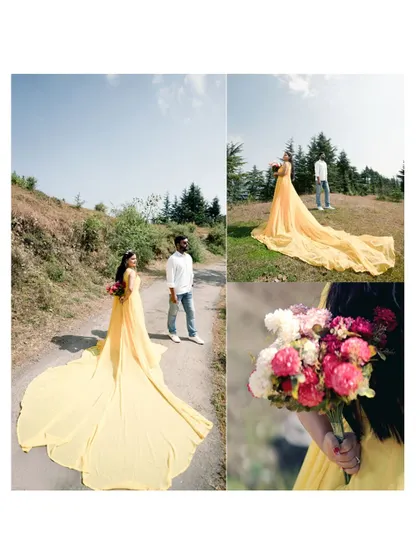 A collage from a mountain pre-wedding shoot, featuring the bride's yellow gown, a bouquet of flowers, and the scenic backdrop. It tells a story of romance in nature.
