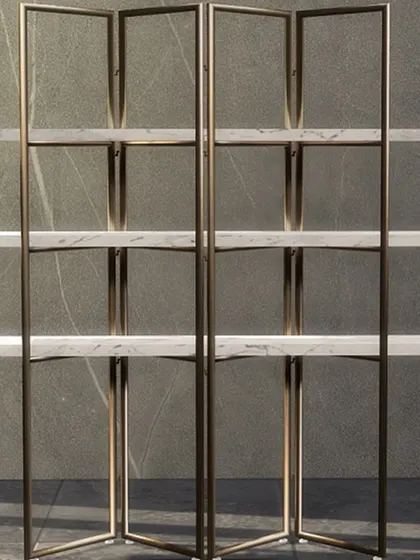 Our statement shelving unit redefines storage with a perfect balance of functionality and luxury. Crafted with a sleek, folding metal frame and pristine marble shelves, it is a piece of art for your space.
