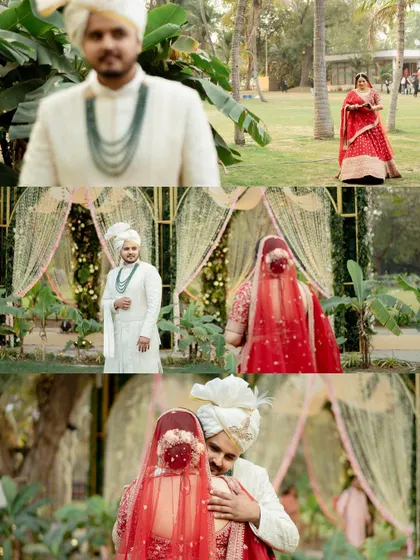 The first look. This collage captures the groom's anticipation, the bride's approach, and their emotional first embrace on the wedding day.