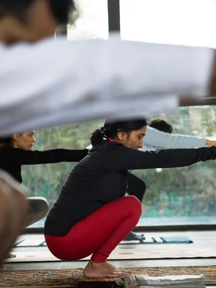 Students practicing Malasana (Garland Pose), a powerful squat that improves mobility and digestion. Group practice amplifies the energy and commitment to wellness.
