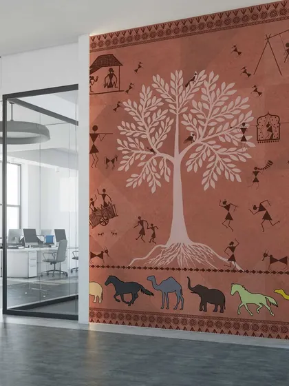 This office space is enriched with the rustic charm of our Traditional Indian Warli Life wallpaper. It’s a great way to add a touch of folk art and creativity to a professional setting.