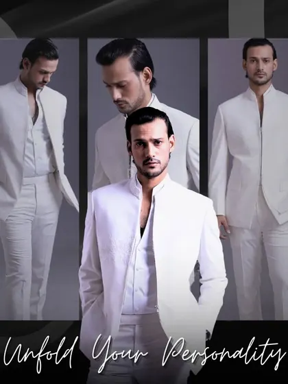 A collage showcasing an all-white Indo-Western suit. This look represents a seamless blend of cultural richness and contemporary design, perfect for the modern man.