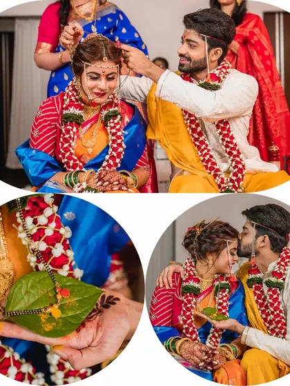 This collage highlights key Maharashtrian rituals, including the tying of the Mangalsutra and other symbolic moments between the couple.