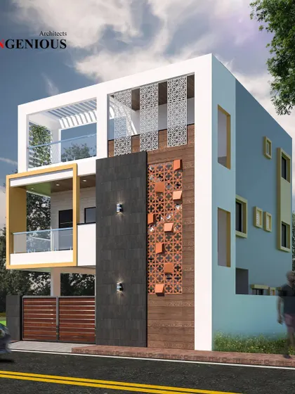 This elevation concept plays with geometric patterns, using both vertical jalli screens and an intricate laser-cut metal panel. The design balances a cool blue-grey body with warm wood and copper-toned accents.