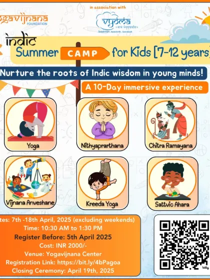 Our Indic Summer Camp for kids is a 10-day immersive experience into the roots of Indic wisdom. The program includes Yoga, Nithyaprarthana (daily prayers), Chitra Ramayana, and even lessons on Sattvic food.