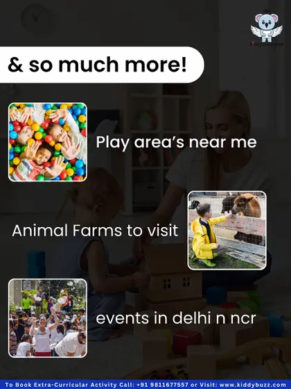 This graphic shows the variety of things parents search for, from play areas to animal farms and events. Kiddybuzz brings all these options into one convenient place.