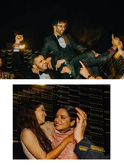 The groom being lifted by his friends and the bride dancing with hers. The Sangeet is all about celebrating with your favorite people.