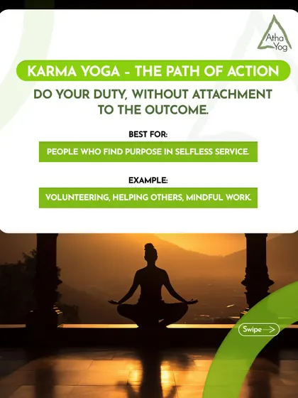 This graphic explains Karma Yoga, the path of selfless action. It is for people who find purpose in doing their duty without attachment to the outcome, through volunteering or mindful work. We believe in integrating all paths of yoga into a balanced life.