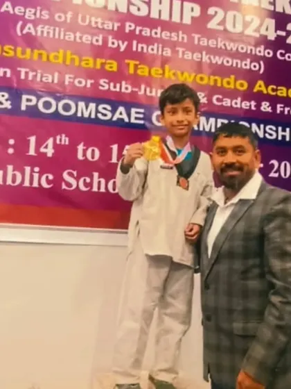 A proud moment for this young fighter, showing off his gold medal at the Ghaziabad District Taekwondo Championship.