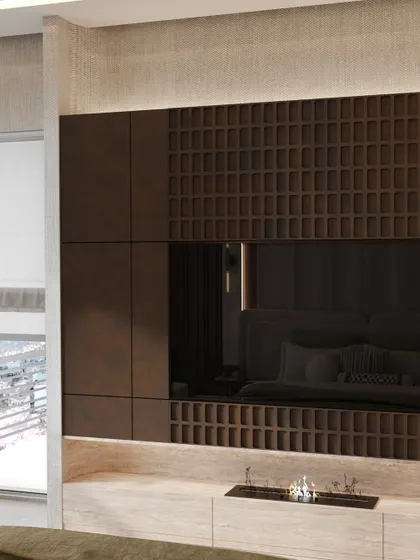 A closer look at the TV, which is seamlessly integrated into the textured wood paneling. The reflection shows the dark, moody ambiance of the room.