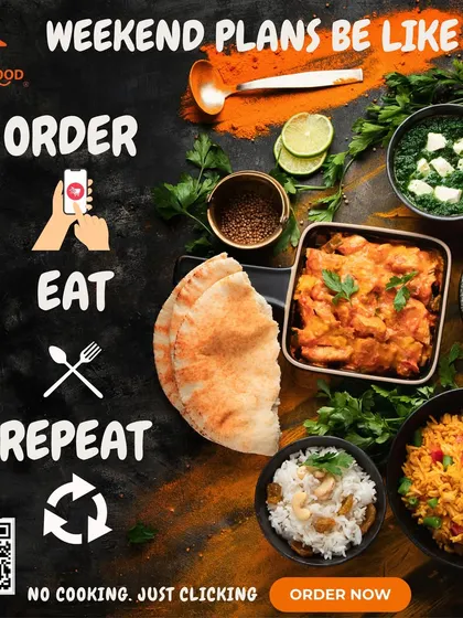Weekend plans be like: Order, Eat, Repeat. This flat-lay of various Indian dishes is the perfect visual for a no-cooking weekend.