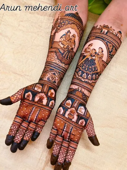 A beautiful design with a blue tint from the lighting, showcasing wedding scenes and intricate patterns on the palms.