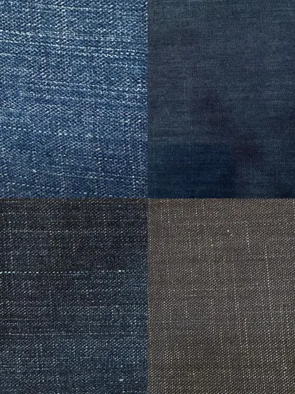 A collage of faded denim fabrics. Each one has a unique wash and wear pattern, perfect for achieving a specific vintage or distressed aesthetic.