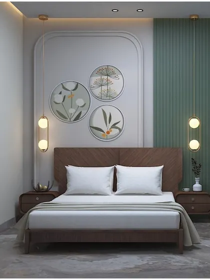 A bedroom concept with a striking green accent wall featuring fluted paneling and modern pendant lights.