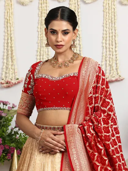 A detailed shot of the red embroidered blouse, paired with a Banarasi Bandhani dupatta. The combination of textures and crafts is what makes our designs unique.
