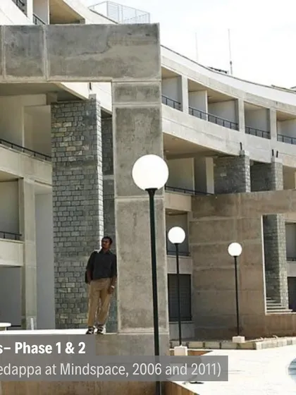 The phased hostel blocks from 2006 and 2011. This image highlights our approach to long-term campus development, where new buildings respond to existing ones.