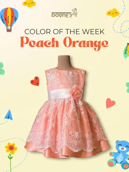 Our color of the week is Peach Orange! This graphic features a stunning peach lace dress, a charming and elegant choice for your little one.