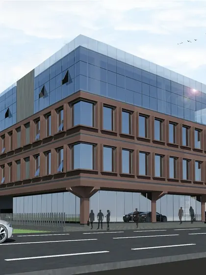 The same commercial building in Thane, presented as a daytime render. This view highlights how the structure commands attention with its unique blend of transparent glass and solid colored panels, creating a piece of living art on the streetscape.