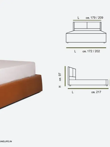 The dimensions and schematic for the Lyla Bed. This information helps our clients visualize how this piece, with its warm tones and high-density foam, will fit perfectly into their personal sanctuary.