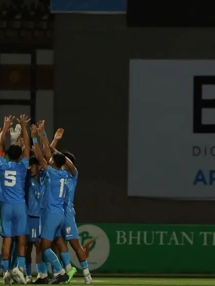 The team celebrates a goal together during the SAFF Championship. This moment of shared joy is what every athlete works for and is a testament to their teamwork.