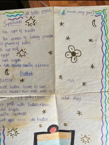 A beautifully decorated, hand-drawn recipe for a butter pound cake. This shows how much love and care can go into the act of documenting a recipe.