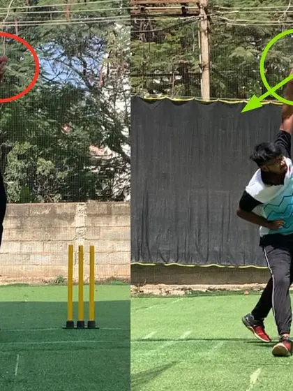 A key part of this chinaman bowler's transformation was correcting his release. The 'after' image shows a much better wrist position, which is essential for imparting the correct spin.