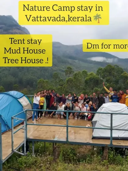 A group photo from the Vattavada nature camp, showcasing the platform tent stay.