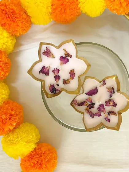 Our small flower urli candles, infused with rose petals, are a beautiful and fragrant addition to your festive decor.