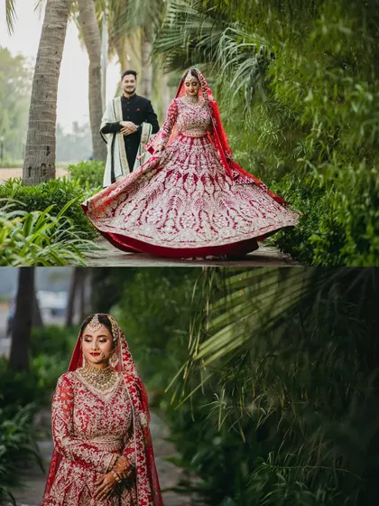 A collage featuring the bride's magnificent red lehenga. The top shot shows her twirling, while the bottom is a beautiful close-up portrait, highlighting both the dress and her grace.