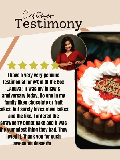 A client thanks us for a strawberry bundt ordered for an anniversary, with the cake and their written reaction shown together.