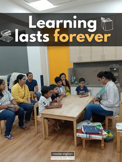 Here I am with a group of students and their parents, sharing a story that incorporates coding concepts. I believe learning is a community activity, and involving parents helps reinforce the lessons at home.