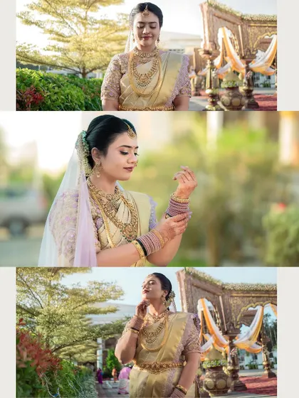 A collage of the bride in her beautiful cream and gold saree, posing gracefully in an outdoor setting.
