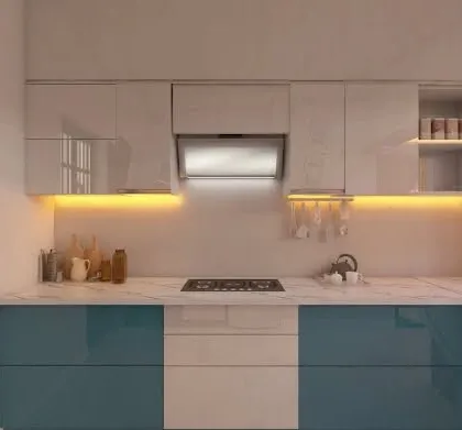 A contemporary kitchen design with sleek, handleless cabinets in teal and white. The layout is clean and uncluttered, with a built-in hob and chimney, creating a highly functional and minimalist workspace.