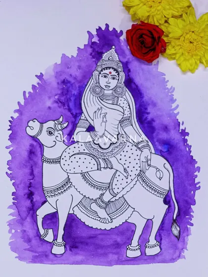 Devi Kalaratri, the seventh form of Navadurga, is the fierce and destructive aspect of the goddess. This drawing, with its purple wash, captures her formidable energy.