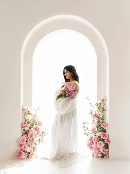 Framing the mom-to-be within a beautiful white arch decorated with pink flowers adds such a romantic and delicate touch to this maternity portrait.