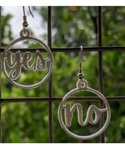 Another view of the 'yes' and 'no' earrings, showing how you can turn simple text into wearable art.