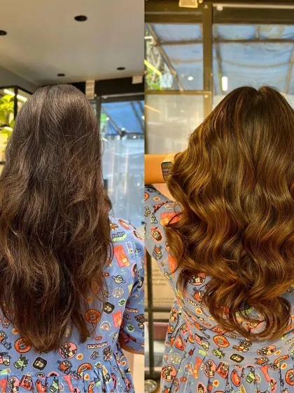 From top to bottom, this before and after shows the complete transformation. The caramel brown color has corrected the unevenness and added so much life.