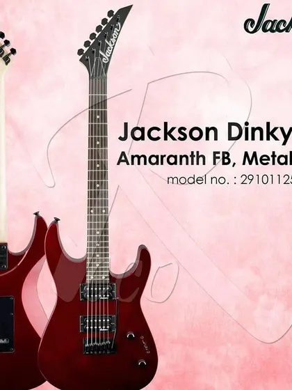 The Jackson Dinky JS12 in Metallic Red, a guitar that offers classic Jackson tone and playability. It features a poplar body, maple speed neck, and powerful ceramic magnet pickups.