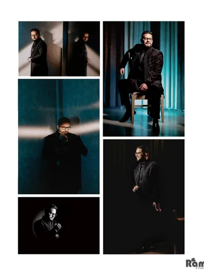 A stylish collage of the groom's portraits, showcasing his personality with a variety of poses and dramatic lighting.