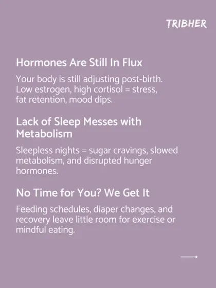 This graphic explains the reasons behind postpartum weight gain. It details how hormones are in flux, lack of sleep messes with metabolism, and how having no time for yourself plays a major role.
