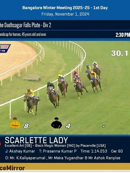Race 3 results from November 1, 2024: Scarlette Lady wins The Dudhsagar Falls Plate.