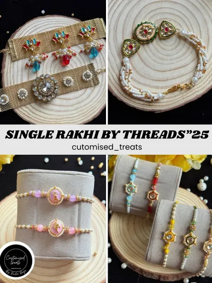 A collage of my "Single Rakhi by Threads '25" collection. It showcases the variety, from wide mesh bands to delicate kundan and modern charm rakhis.